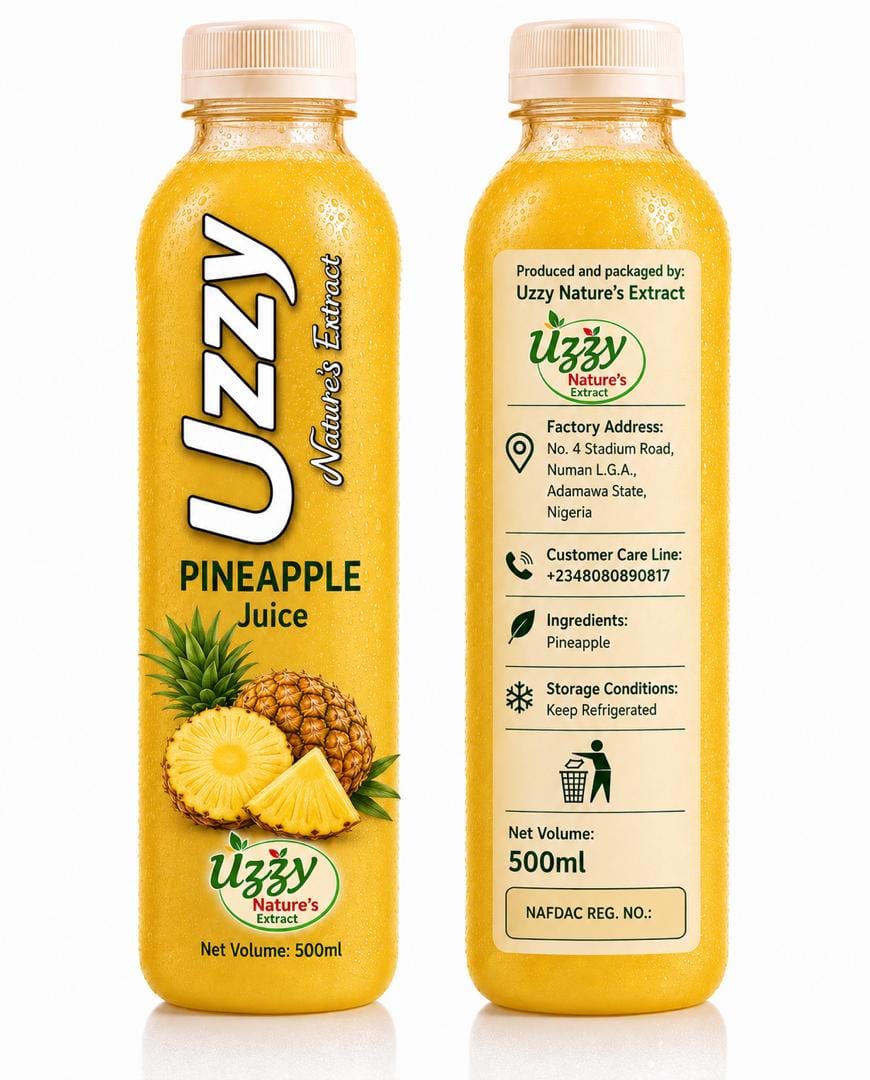Uzzy pineapple juice 500ml bottle showing front and back label