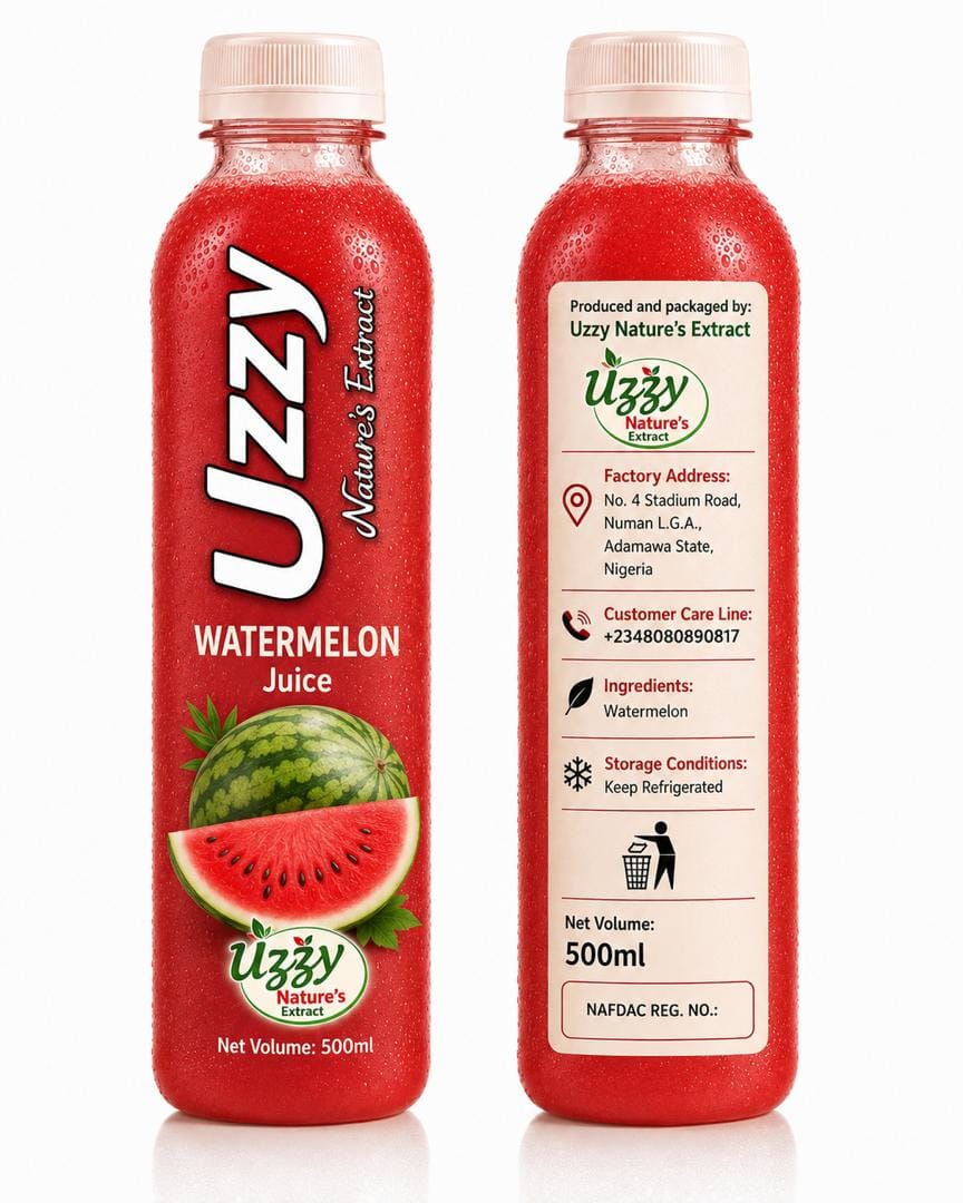 Uzzy Nature's Extract 500ml watermelon juice bottle, front and back label