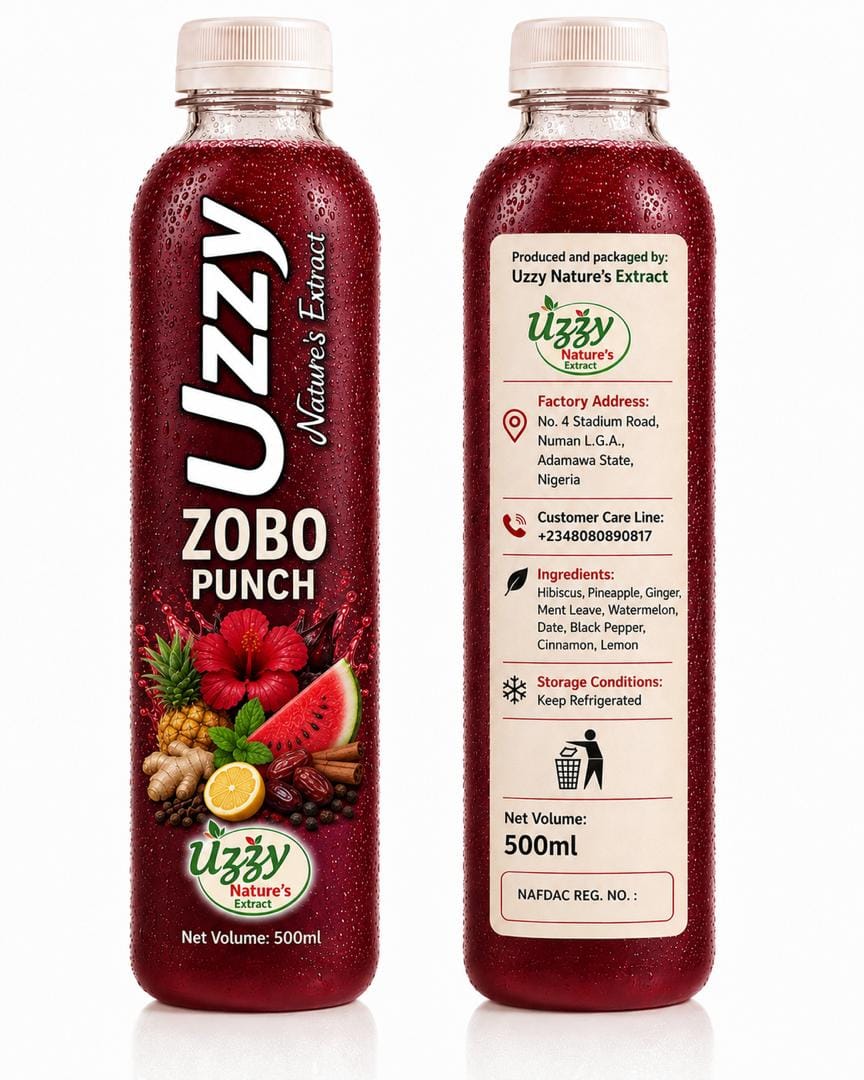 Uzzy Zobo Punch 500ml bottle showing front and back labels with factory address and ingredients